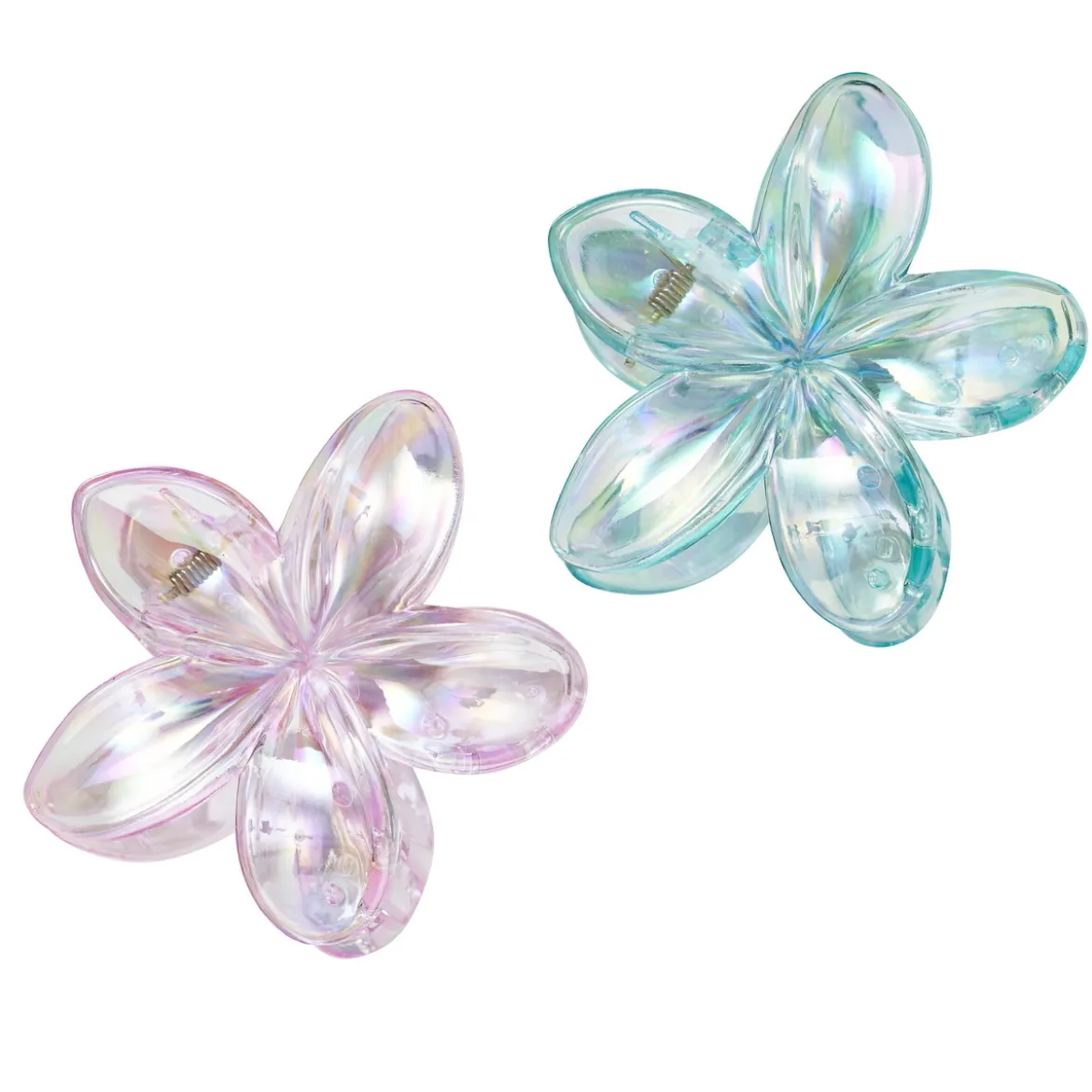 2 stora transparenta & iriserande hårklämmor med blommor som är Ø80 mm stora