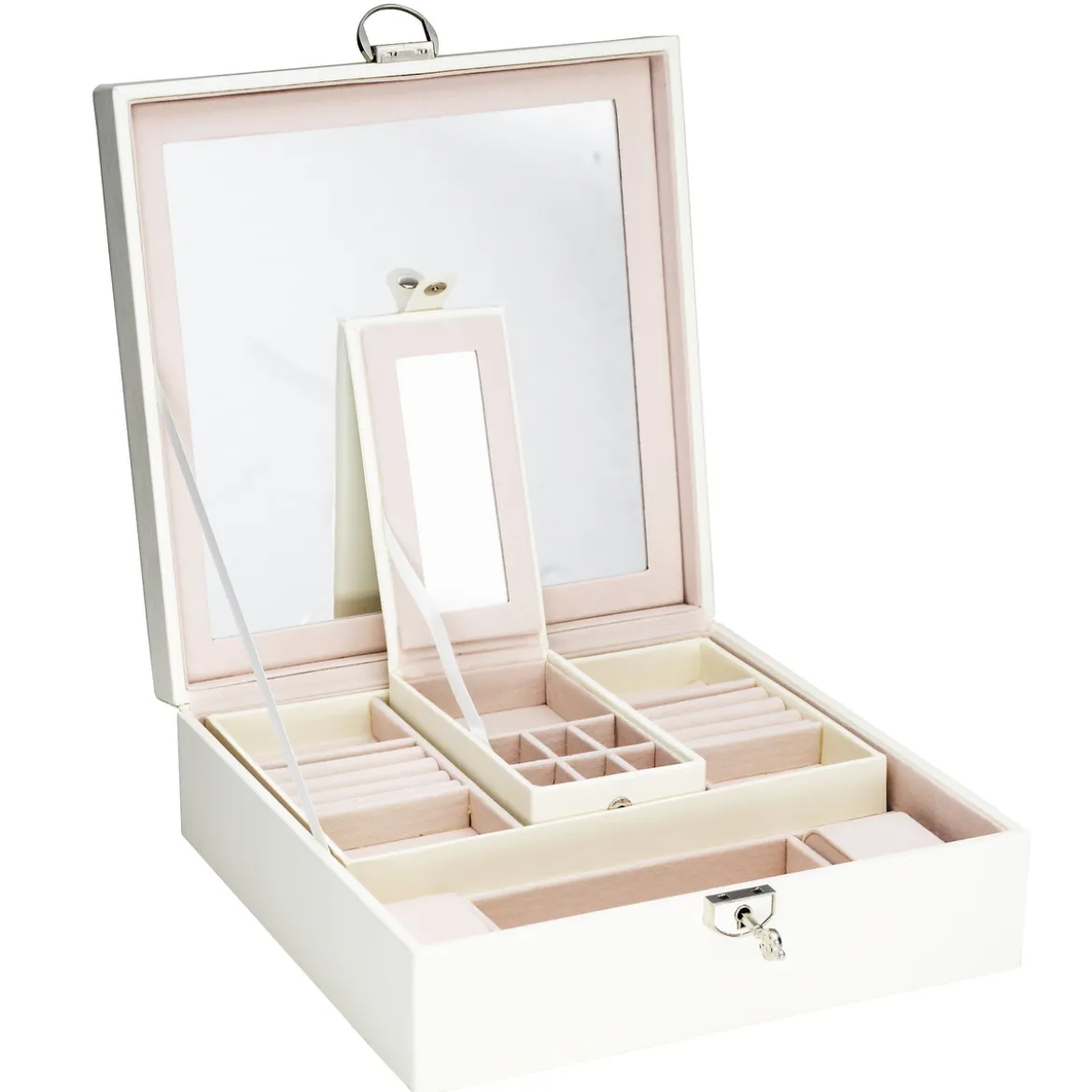 Stort cremefärgat smyckeskrin med spegel och många fack / lådor – 25×25×9 cm