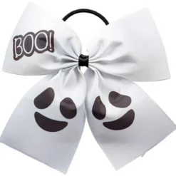 Stor vit halloween-rosett av räfflat ripsband med spökigt tryck, 17×16 cm