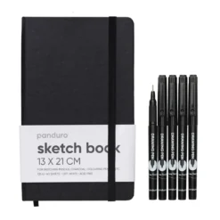 5 svarta fineliners och behändig skissbok à 13×21 cm