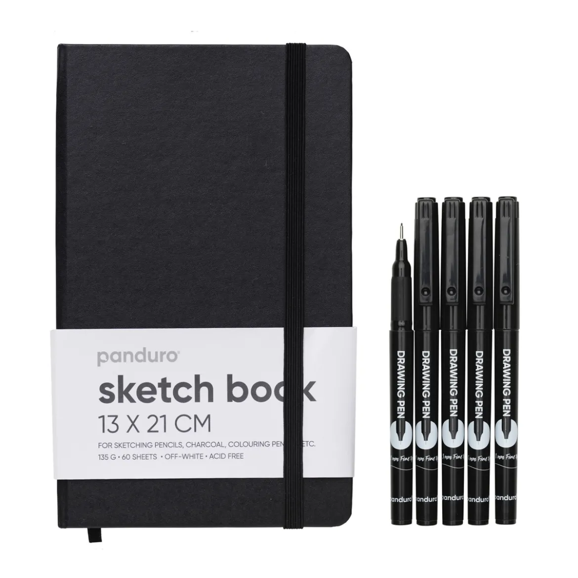 5 svarta fineliners och behändig skissbok à 13×21 cm