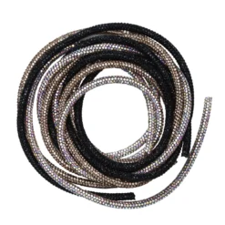Tjock skimrande nylonrem fylld med strass – guld, silver, svart. 3×120 cm Ø5 mm