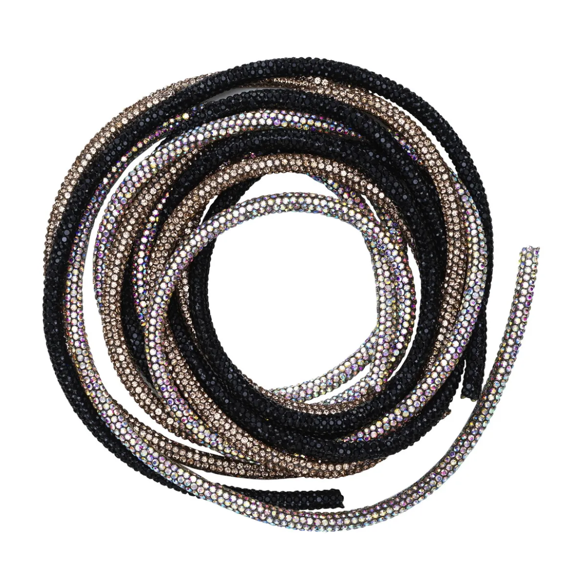 Tjock skimrande nylonrem fylld med strass – guld, silver, svart. 3×120 cm Ø5 mm