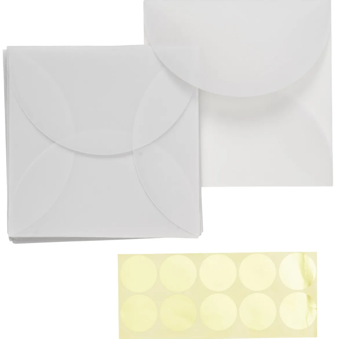 Transparenta kuvert 10 st. 15×15 cm + 10 guldiga stickers för försegling