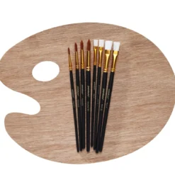 Träpalett & 8 penslar, syntetborst – flat #4, 6, 8, 12 och 4 rund #2, 6, 8, 10