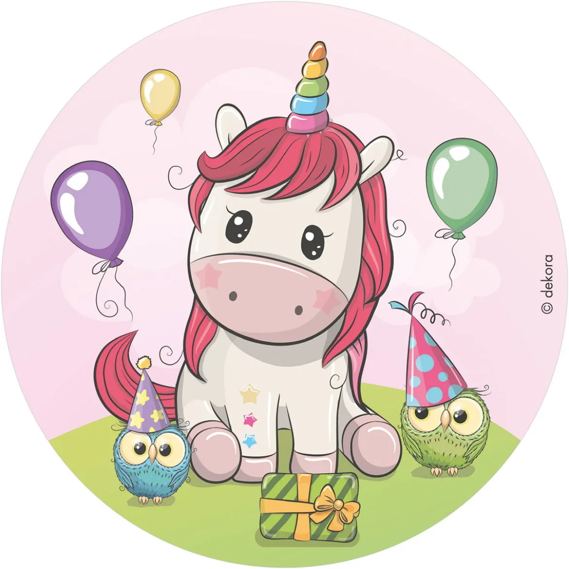 Tårtbild Ø20 cm – Unicorn / söt enhörning med kompisar!