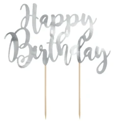 Tårtdekoration, cake topper, Happy Birthday i silverbokstäver 20×13 cm