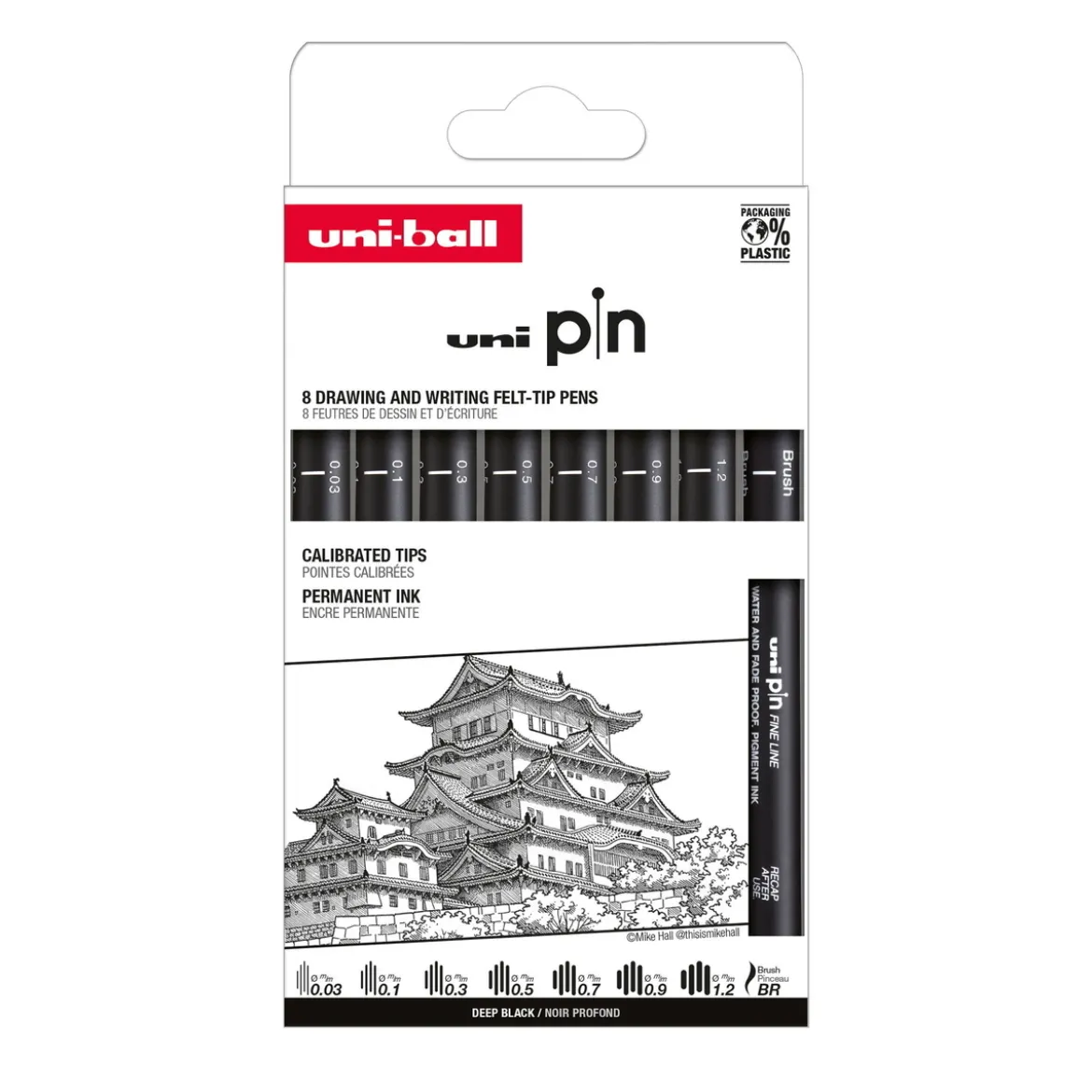 Uni Pin Fineliner 8-pack, Set #1 – 7 fineliners och 1 brush / penselspets