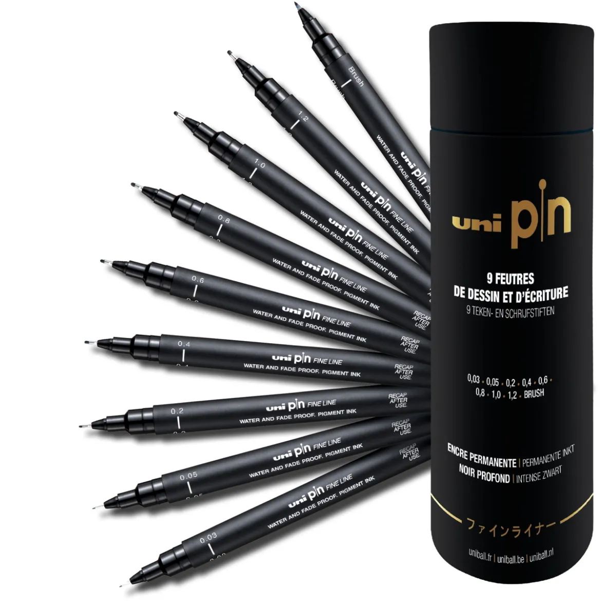 Uni Pin Fineliners, set i tub med 9 fineliners – 0,05 till 1,2 mm + brushpen