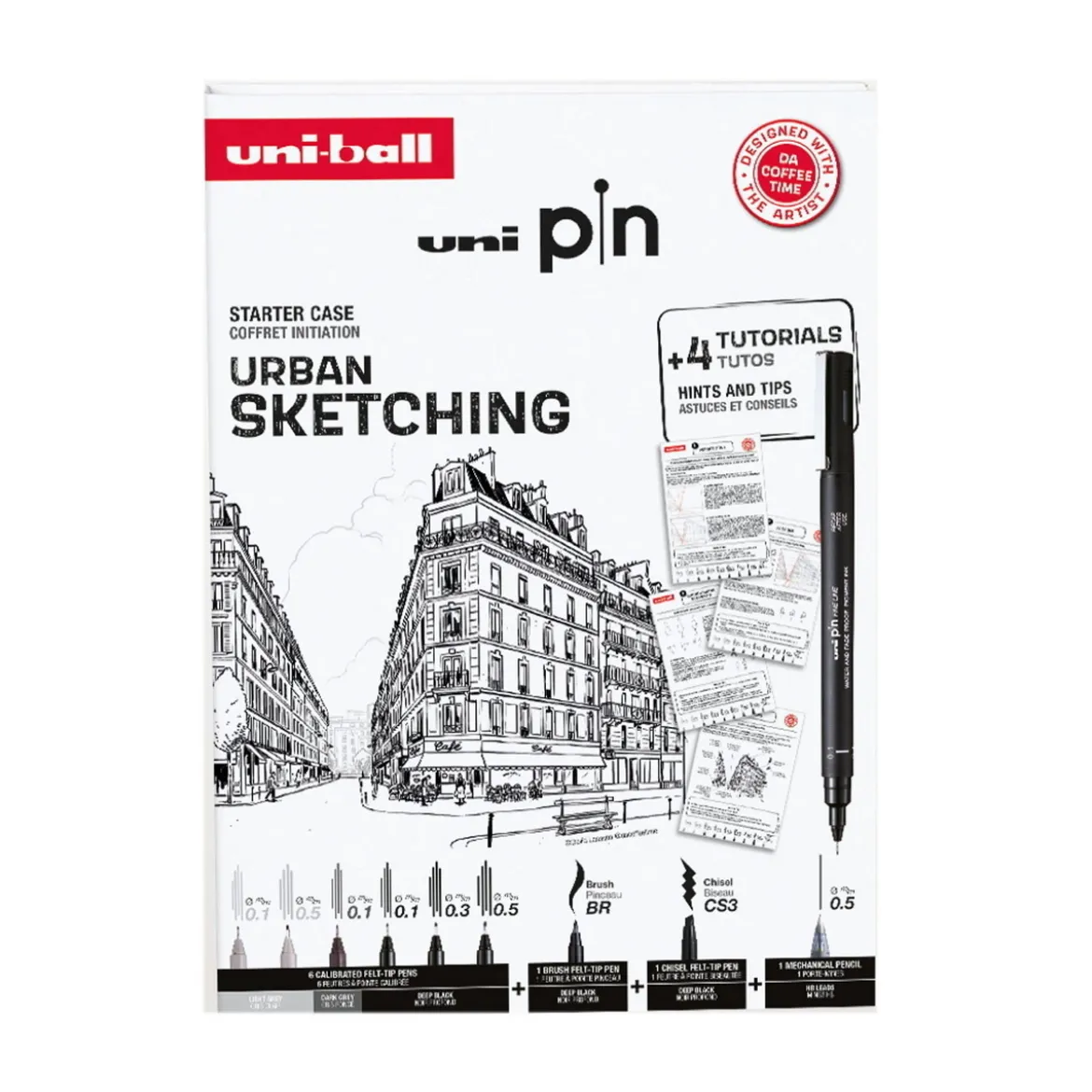 Uni Pin Fineliner Urban Sketching – 6 fineliners, brush, snedskuren & stiftpenna