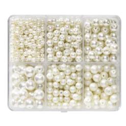Vaxade crèmefärgade glaspärlor, ca 686 st. glans & matt – 4 storlekar, Ø4–10 mm