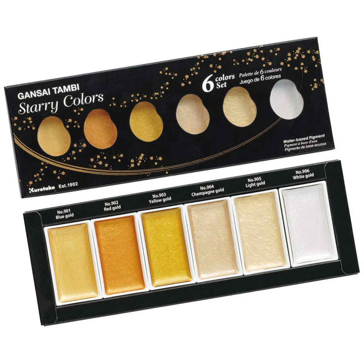 ZIG Kuretake Gansai Tambi Starry Set – 6 st. japanska akvarellfärger i ljusa och guldiga nyanser